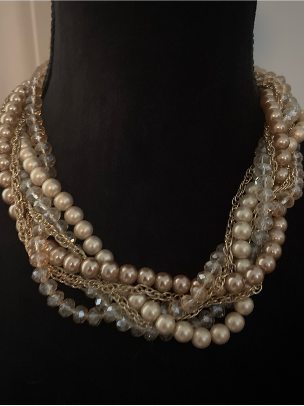 Multi-Strand Pearl & Crystal Necklace in Champagne Gold